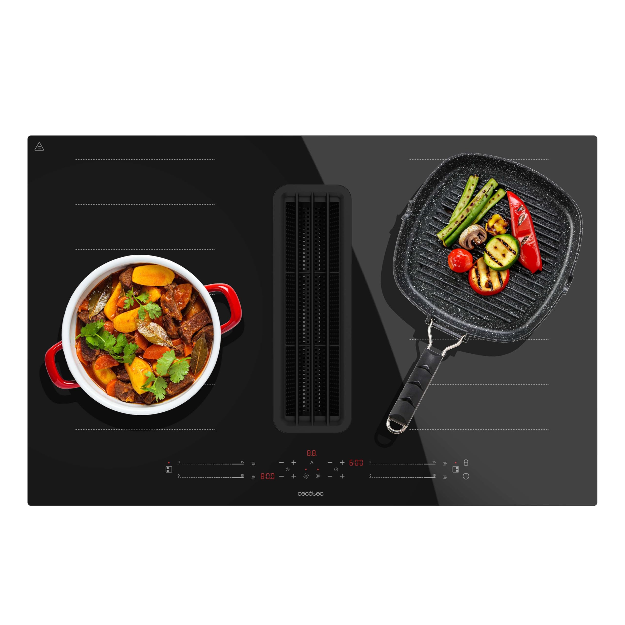 Cecotec Piastra a induzione 2 fuochi con estrattore integrato Bolero Squad IH 4800 FullFlex80. Potenza massima 7400 W, 15 livelli, booster, basso consumo, timer, controllo tattile, filtri al carbonio