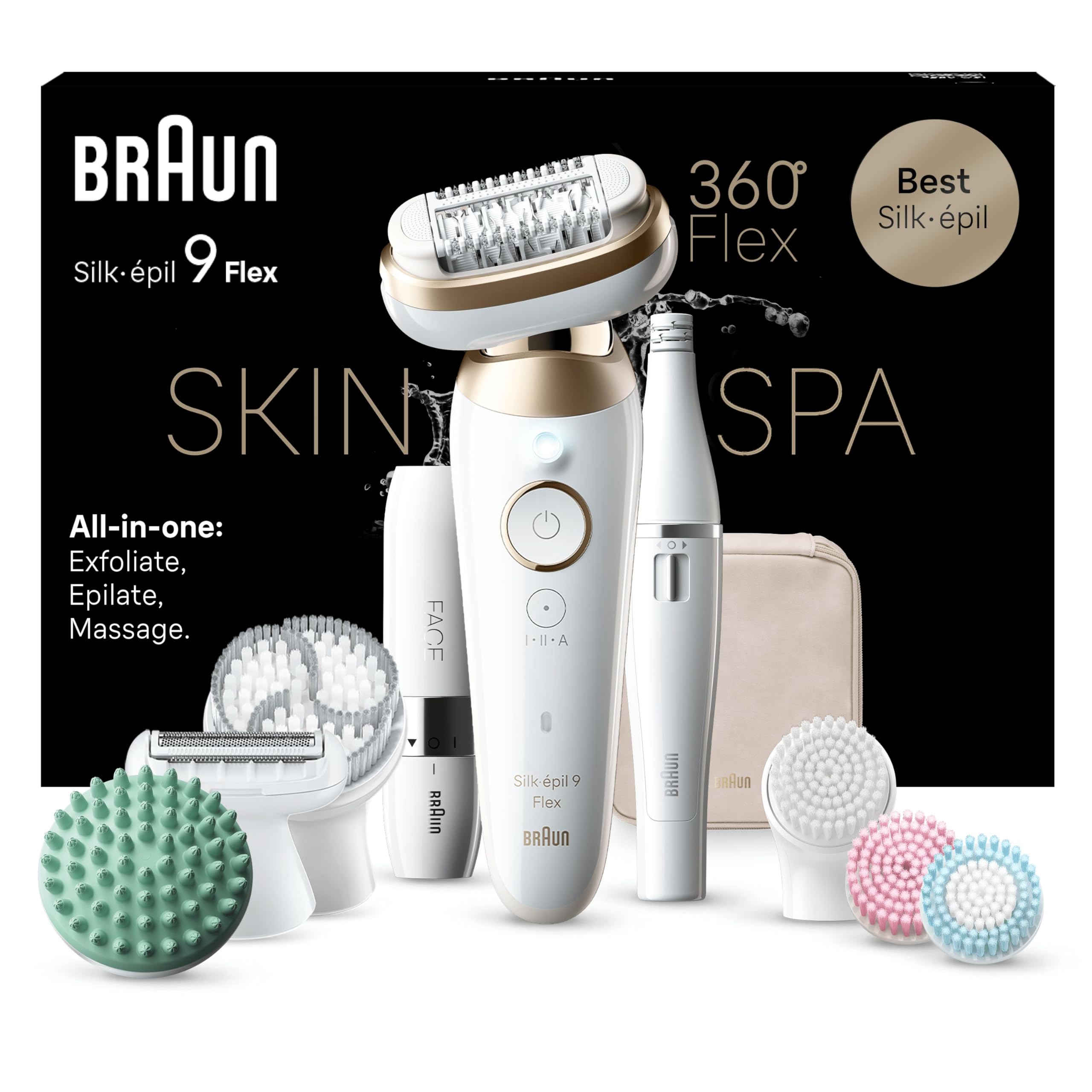 Braun Silk-épil 9 Flex SkinSpa Epilatore Elettrico Donna Con Testina Flessibile a 360° Per Una Epilazione Semplice, Wet  Dry, Pelle Liscia a Lungo, Idea Regalo, 9-681 3D, Bianco/Oro