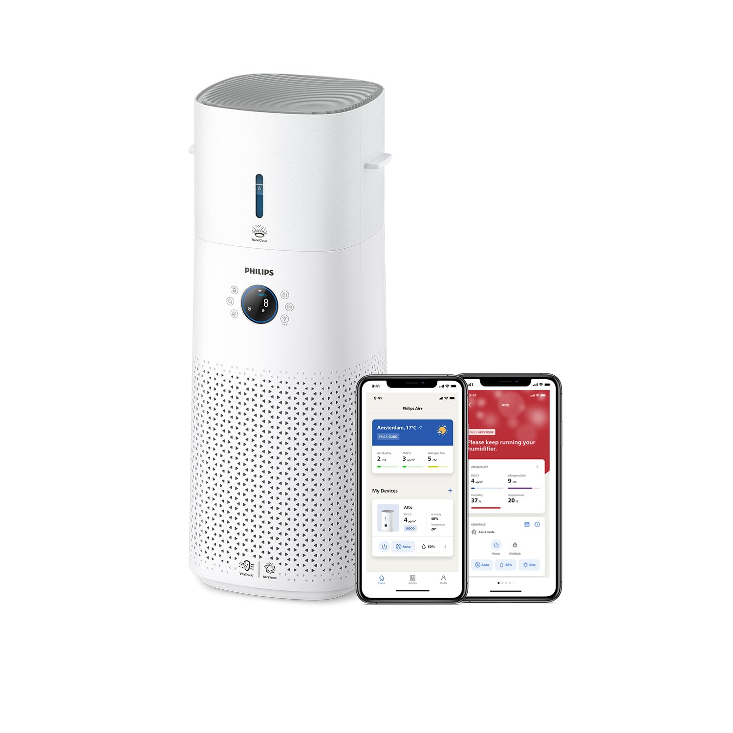 Philips Purificatore e Umidificatore d’Aria 2-in-1 Serie 3000, per ambienti fino a 131 m², con filtro NanoProtect HEPA e Carbon Active, rimuove il 99,97% delle particelle, bianco (AC3737/10)