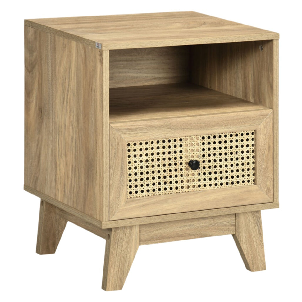 Beistelltisch aus Holz mit Geflecht und Schublade, modern und funktional