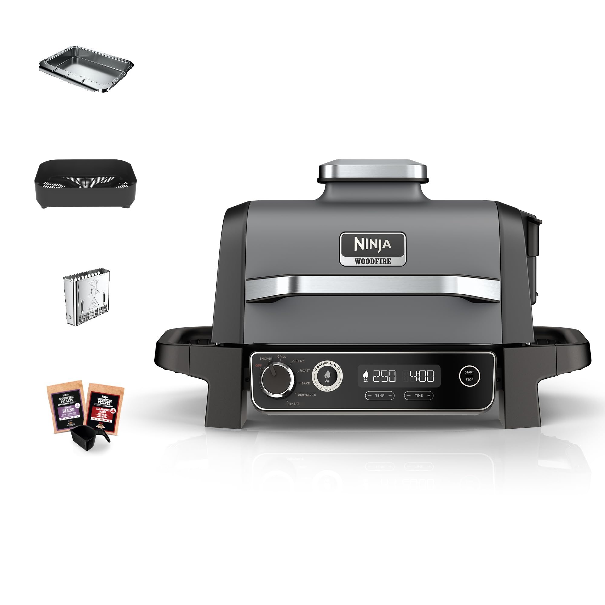 Ninja Woodfire Barbecue Elettrico, Affumicatore e Friggitrice ad Aria 7 in 1, per Grigliare, Friggere, Affumicare, Arrostire e Cuocere all'Aperto, Antiaderente, Portatile, Grigio/Nero OG701EU