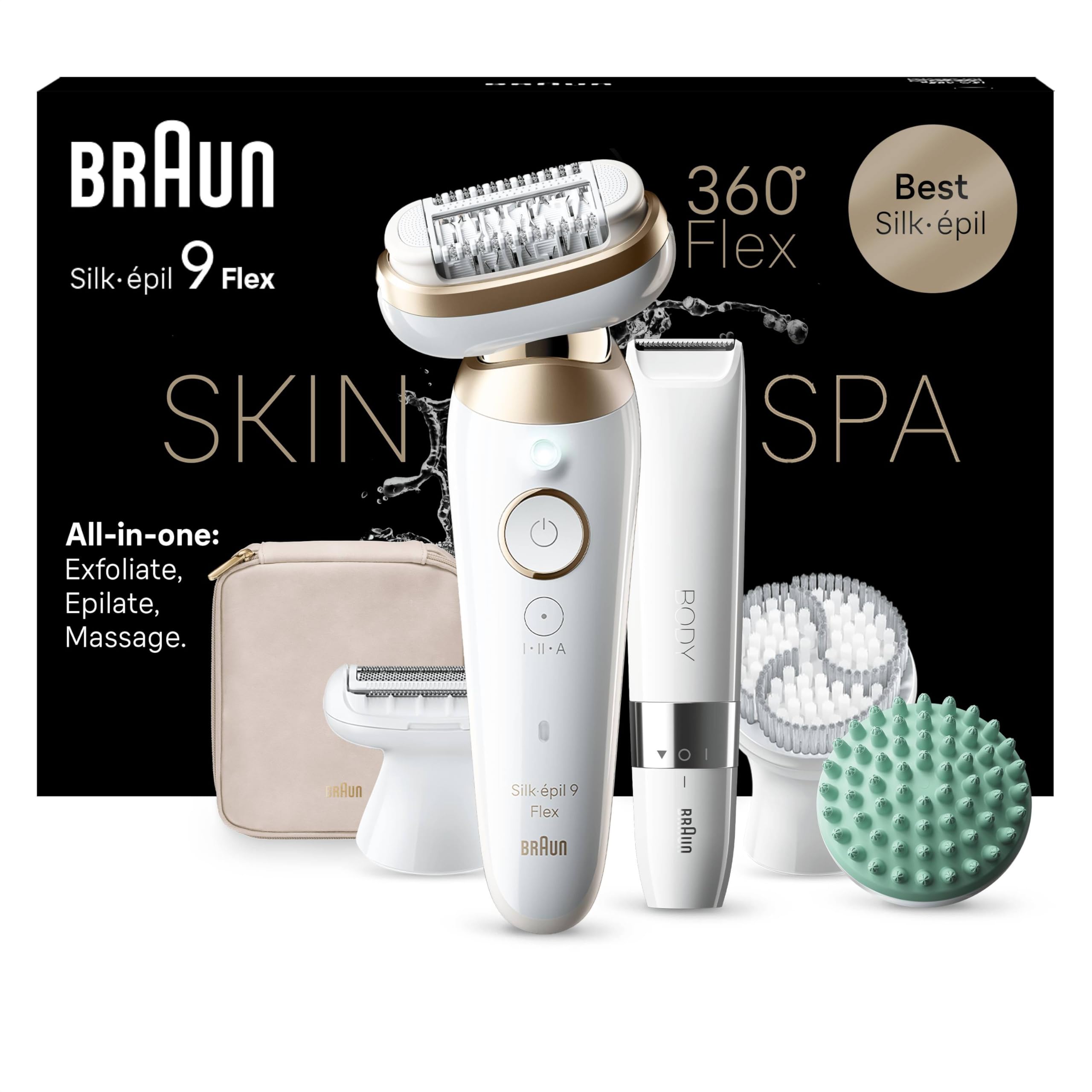 Braun Silk-épil 9 Flex SkinSpa Epilatore Elettrico Donna Con Testina Flessibile A 360° Per Una Epilazione Semplice, Wet  Dry, Pelle Liscia A Lungo, Idea Regalo, 9-481 3D Bianco/Oro