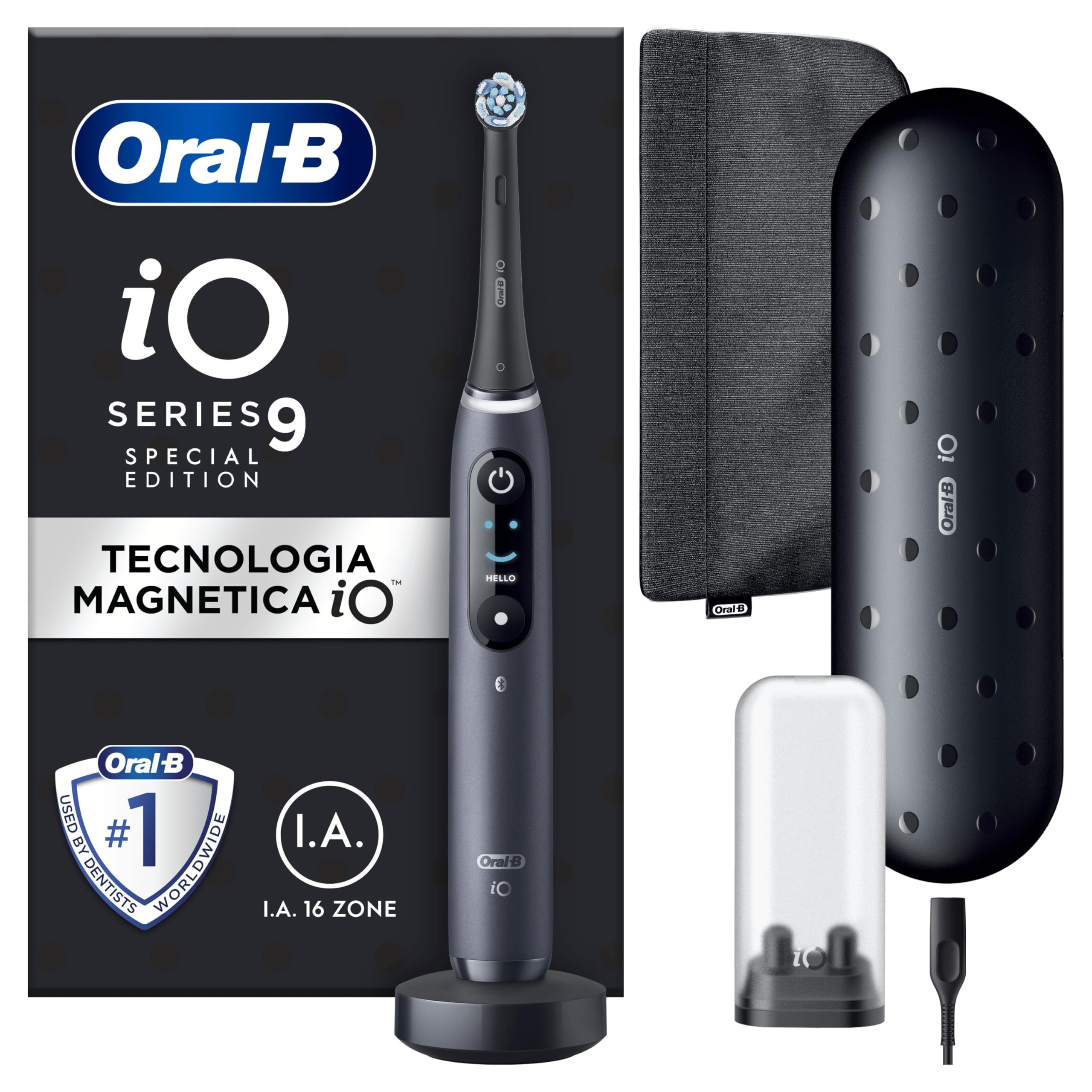 Oral-B iO 9 Spazzolino Elettrico Nero Edizione Speciale, 7 Modalità Bianchezza, Cura Gengive, 16 Zone Pulizia, 2 Spazzole Ricambio