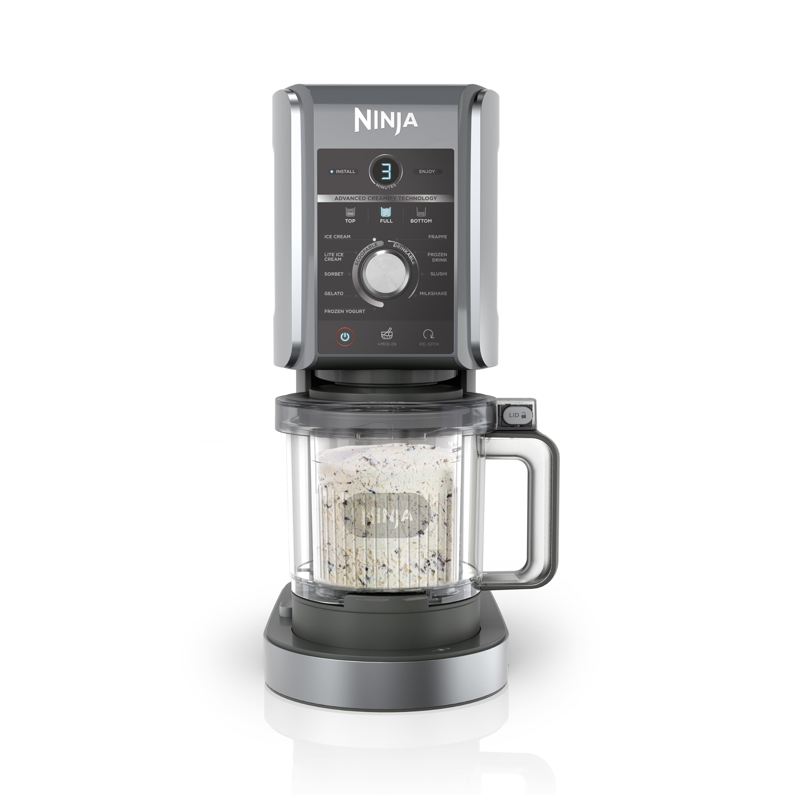 Ninja CREAMi Gelatiera Deluxe con 3 Vasetti, 10 Funzioni, Produce Gelato, Sorbetti, Yogurt, Frullati, Granite e altro ancora, Formato Famiglia, Opzione 2 Gusti in 1 Vaschetta, Argento, NC501EU