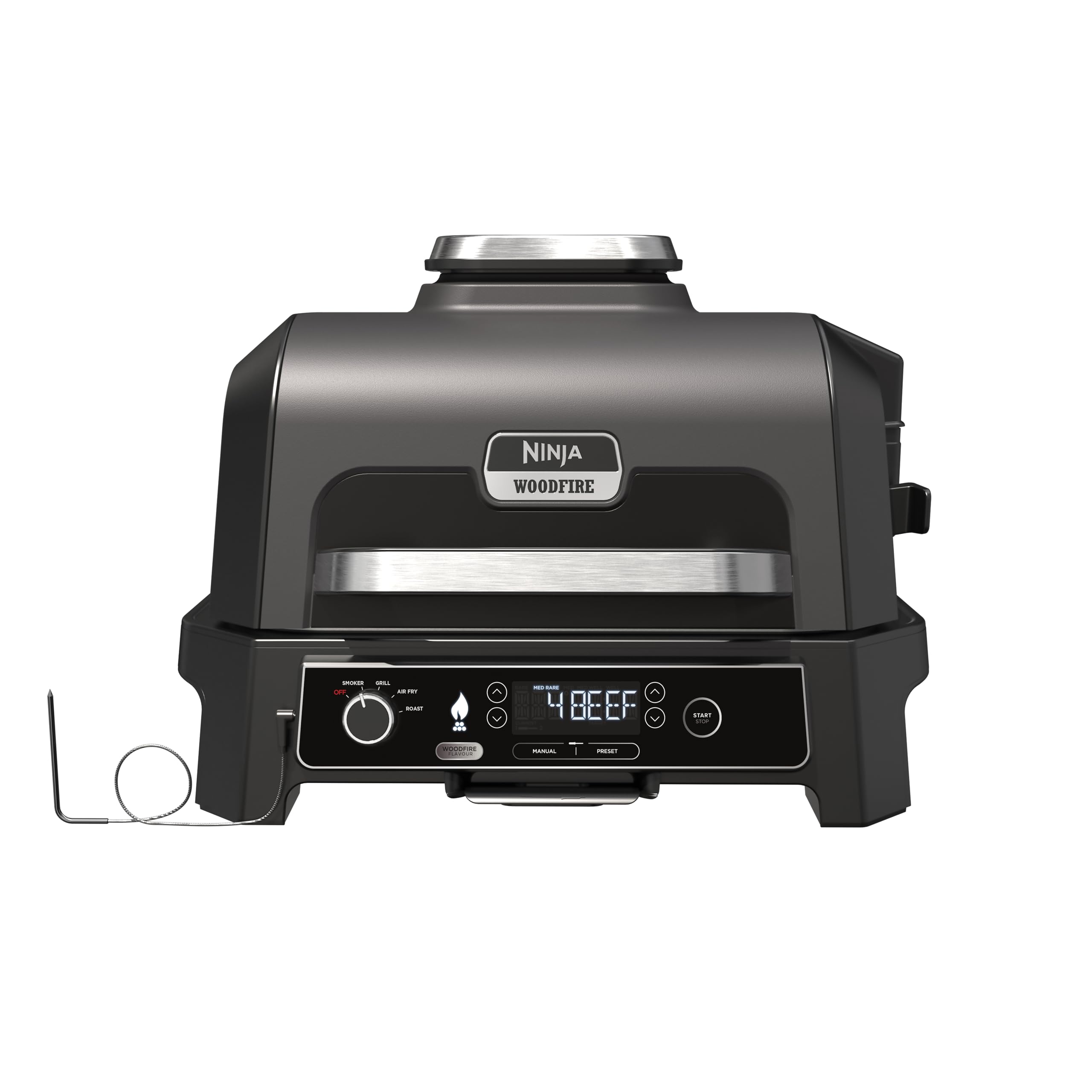 Ninja Woodfire Barbecue Elettrico XL, Griglia Friggitrice ad Aria e Affumicatore 4 in 1 da Esterno, con Termometro a Sonda Digitale, Sistema di Cottura Intelligente Smart Cook, Grigio/Nero, OG850EU