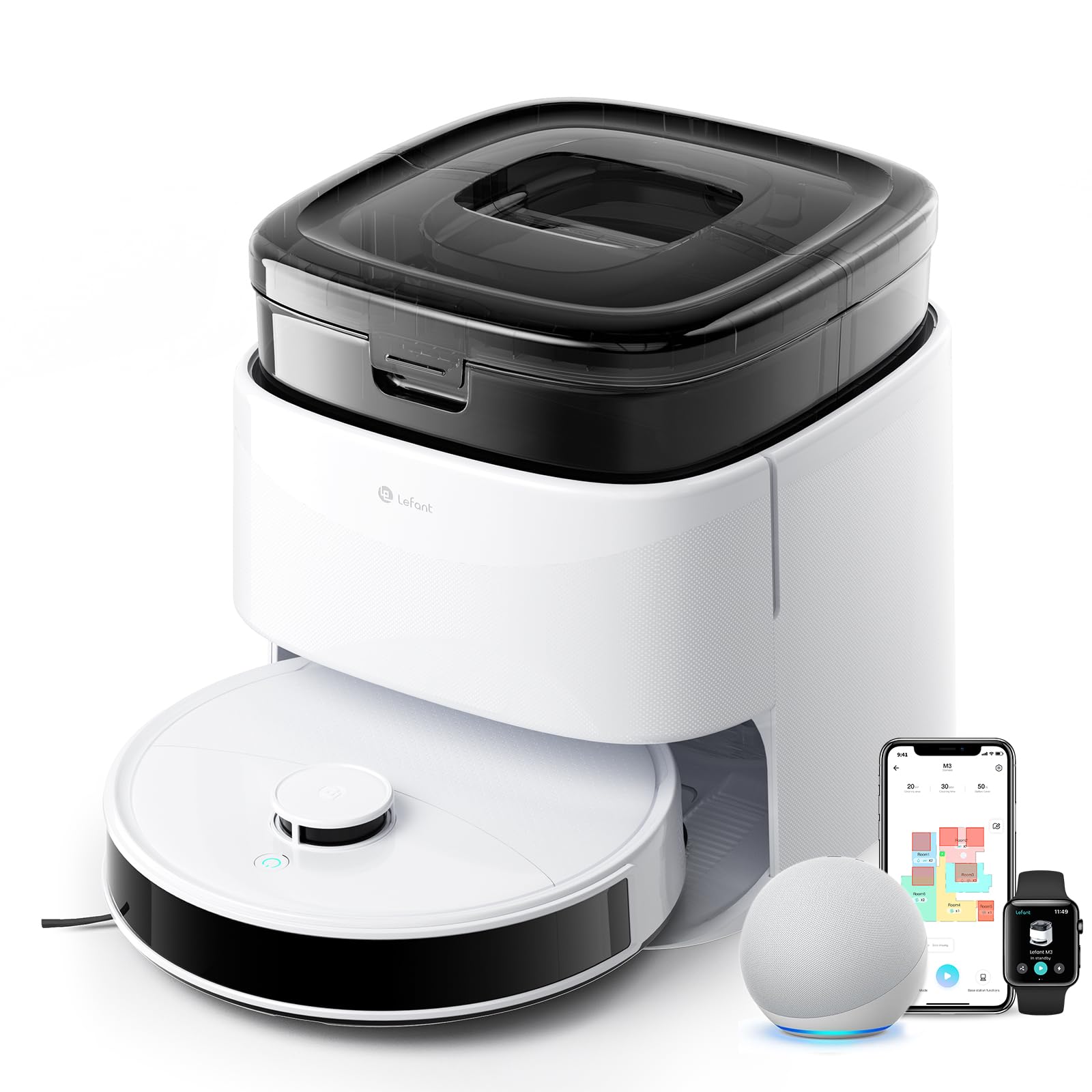 LEFANT M3 Robot Aspirapolvere Lavapavimenti,Stazione Base All-in-one,Aspirazione 12,000 Pa,Batteria da 220 min,Navigazione dToF,Tecnologia di Evitamento Degli Ostacoli PSD,Doppio Panno Rotante,Bianco