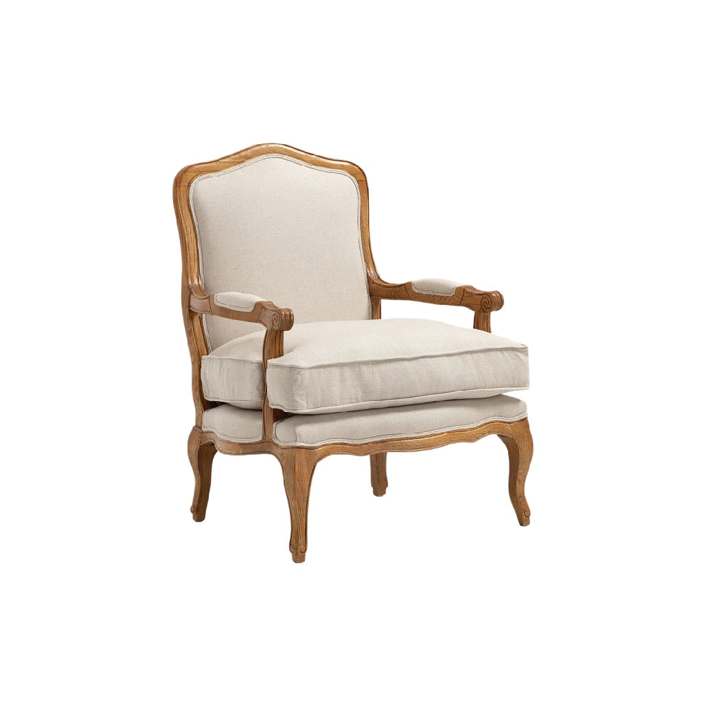 Eleganter Holzstuhl mit hellbeigem Polster und klassischem Design