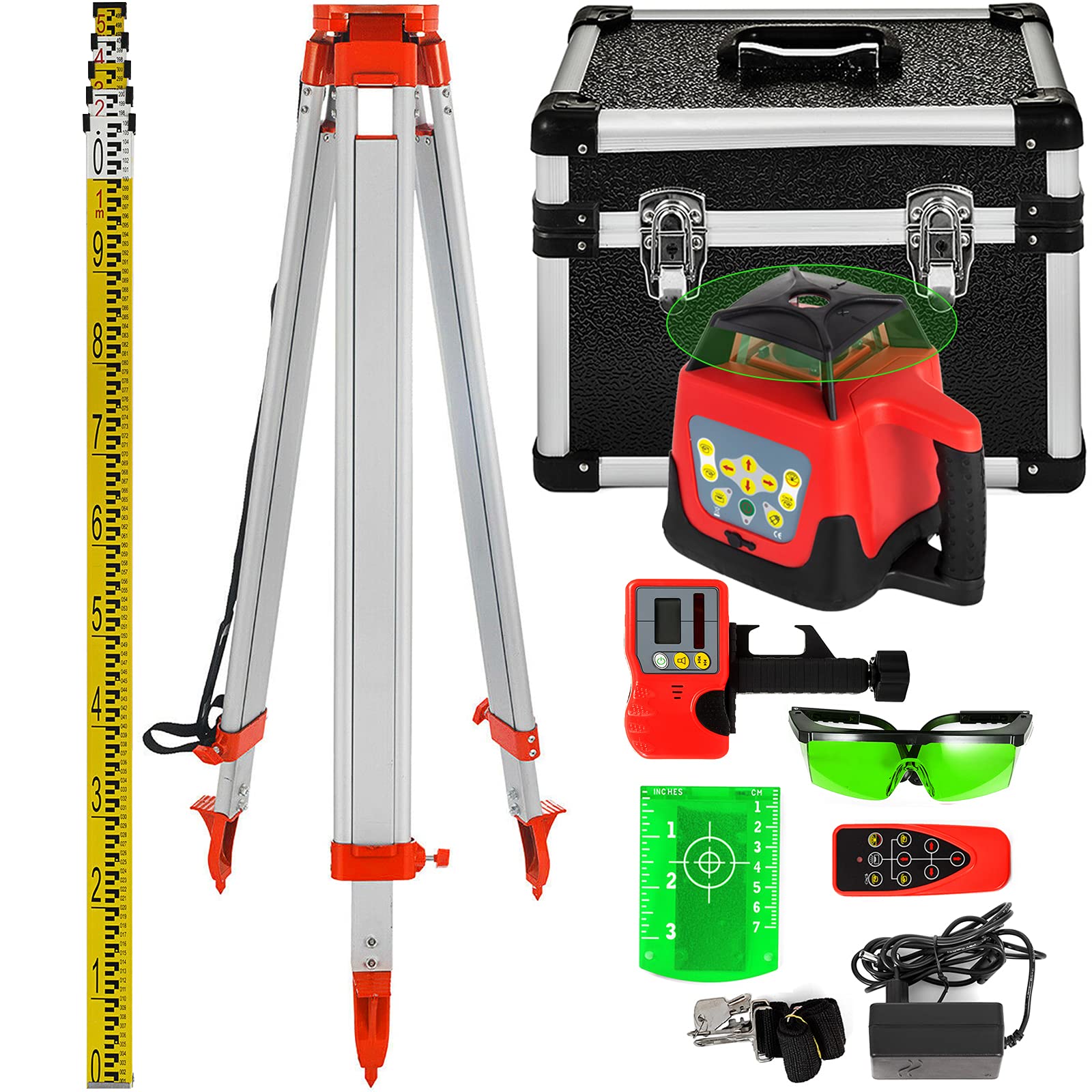 VEVOR Kit Livella Laser Rotante Autolivellante con Raggio Verde + 1.65M Righello Misurazione in Alluminio + 5M Treppiede a 5 Sezioni per Architettura, Costruzioni Edili
