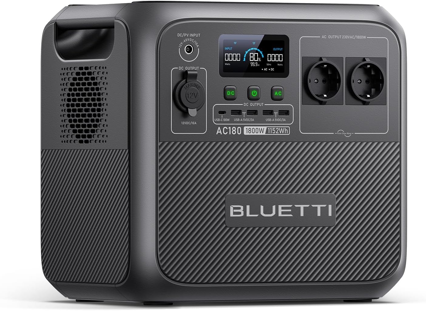 BLUETTI Centrale Elettrica Portatile AC180, 1152Wh LiFePO4 Generatore Solare 2 1800W (2700W Picco) AC Uscite, 0-80% in 45 Min, Emergenza Elettricità per Campeggio, Fuori Rete, Interruzioni Corrente