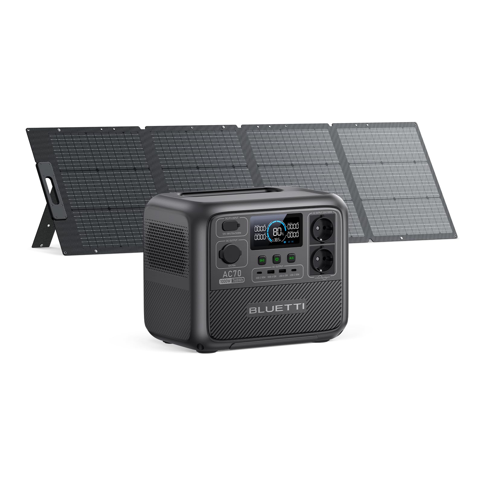 BLUETTI Generatore AC70 e 200W Pannello Solare, 768Wh Centrale Elettrica Portatile 2 1000W AC Uscite (Power Lifting 2000W) 100W Type-C, LiFePO4 Batteria Backup per Campeggio, Viaggio