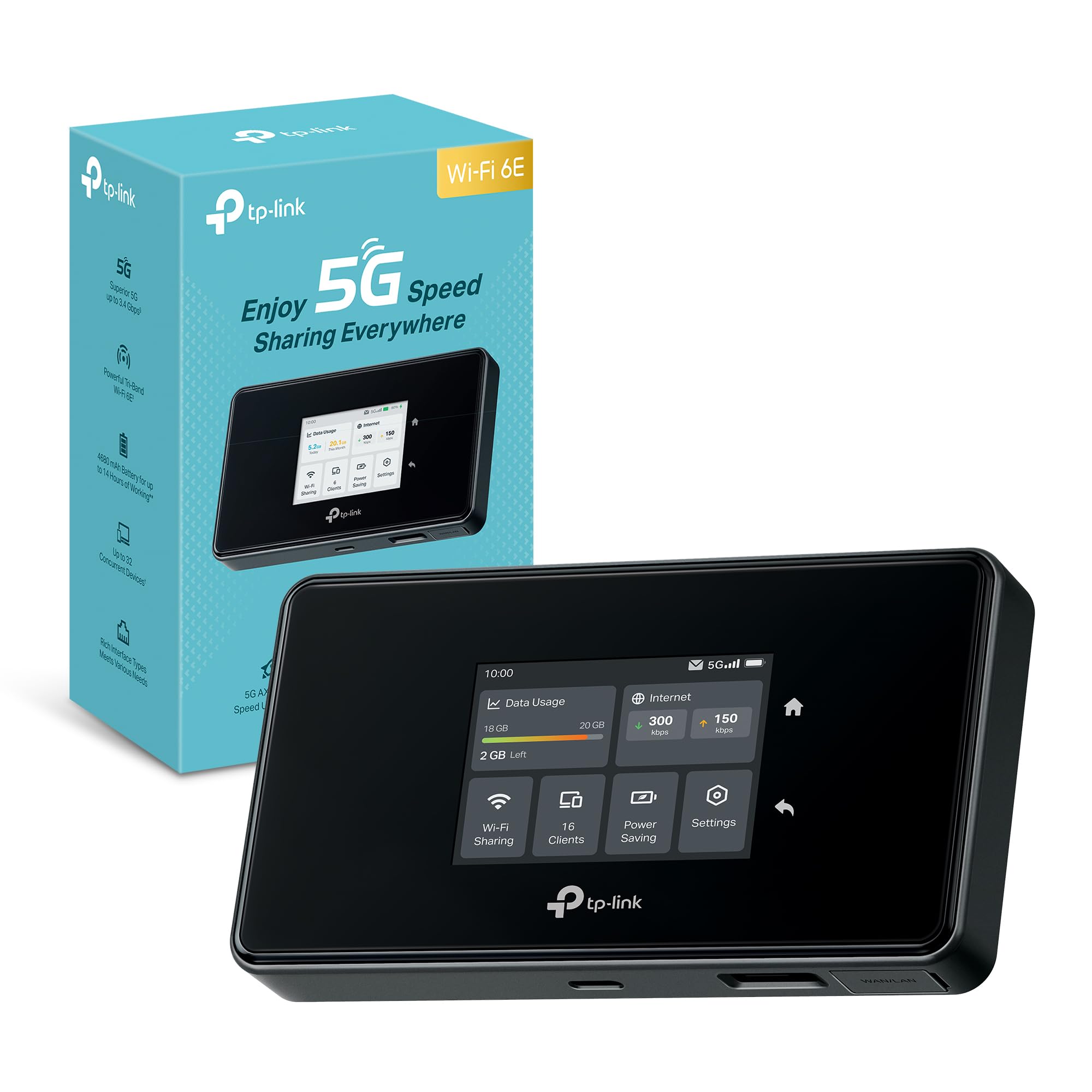 TP-Link M8550 Saponetta WiFi 5G, Router 5G, WiFi 6E AXE3600Mbps Tri-Band, DL 3400Mbps/UL 900Mbps, Batteria da 4700mAh, Porta WAN/LAN Gigabit, Touchscreen, Supporta fino a 32 Dispositivi, VPN Wireguard