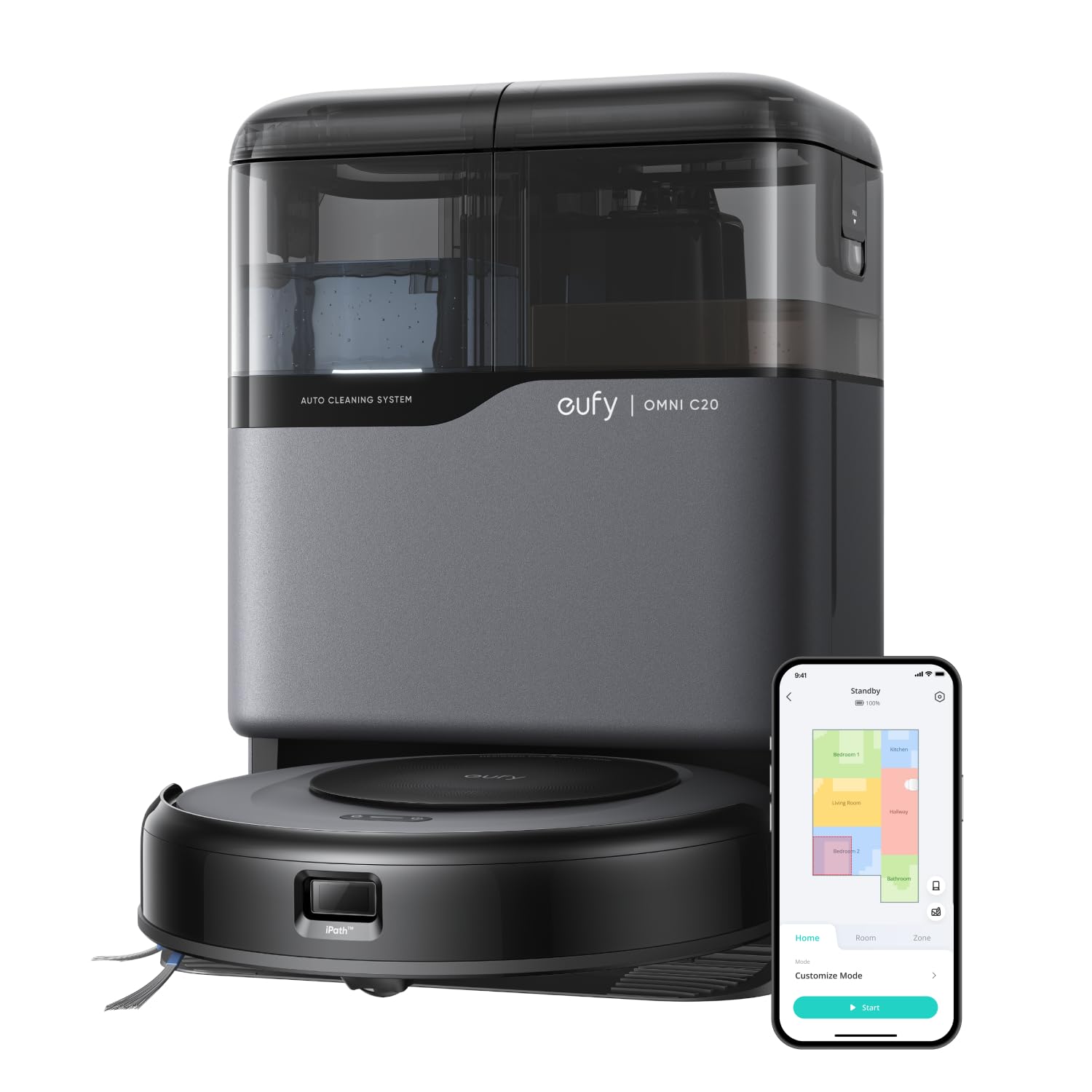 eufy robot aspirapolvere lavapavimenti con mappatura Omni C20 con stazione tutto in uno, svuotamento auto, lavaggio e asciugatura auto, 8,5 cm, design ultra piatto, 7.000 Pa, potente aspirapolvere