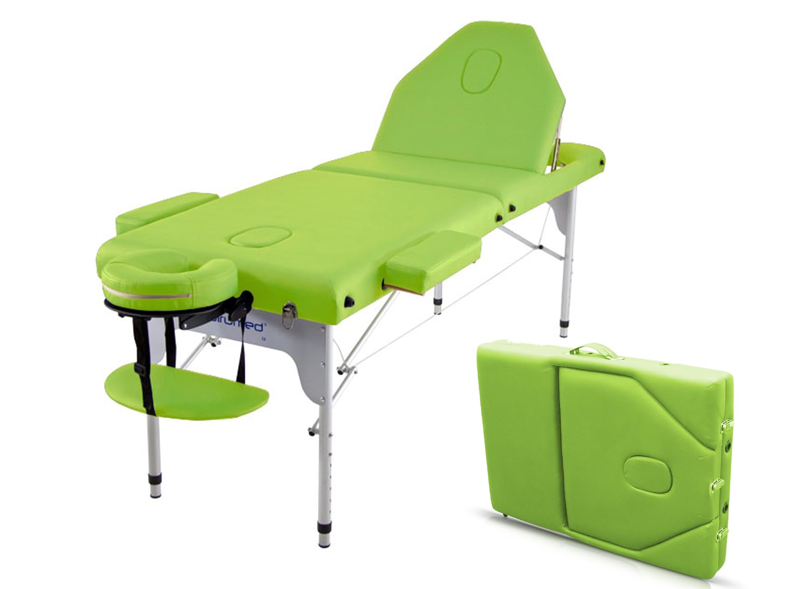 Quirumed Lettino pieghevole in alluminio Elite,186 x 66 cm, Colore verde, Lettino da massaggio, Similpelle, Imbottitura ad alta densità, Leggero, Regolabile in altezza, Altezza regolabile
