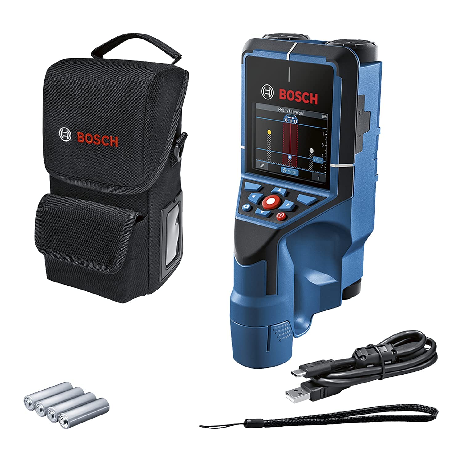 Bosch Professional Wall Scanner D-tect 200 C (rilevamento di cavi non/sotto tensione, metallo, tubi di plastica, montanti in legno e cavità, cavo USB-C#8482;, 4 batterie AA, borsa protettiva)