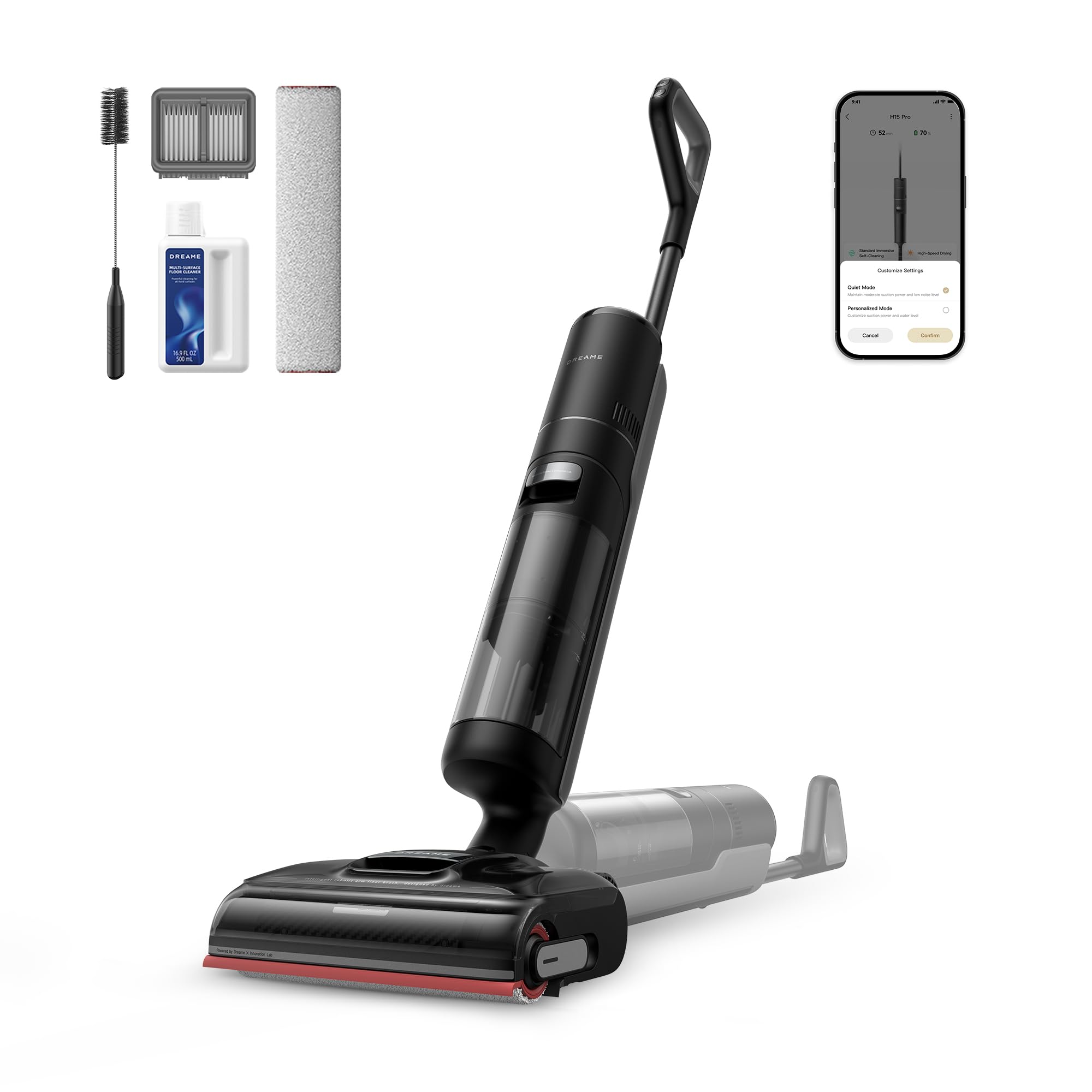 DREAME H15 Pro Aspirapolvere Lavapavimenti, Braccio robotico AI DescendReach GapFree, Aspirazione da 21.000 Pa, 0 grovigli, Lavaggio spazzola a immersione a 100 °C, Asciugatura in 5 min a 90°C