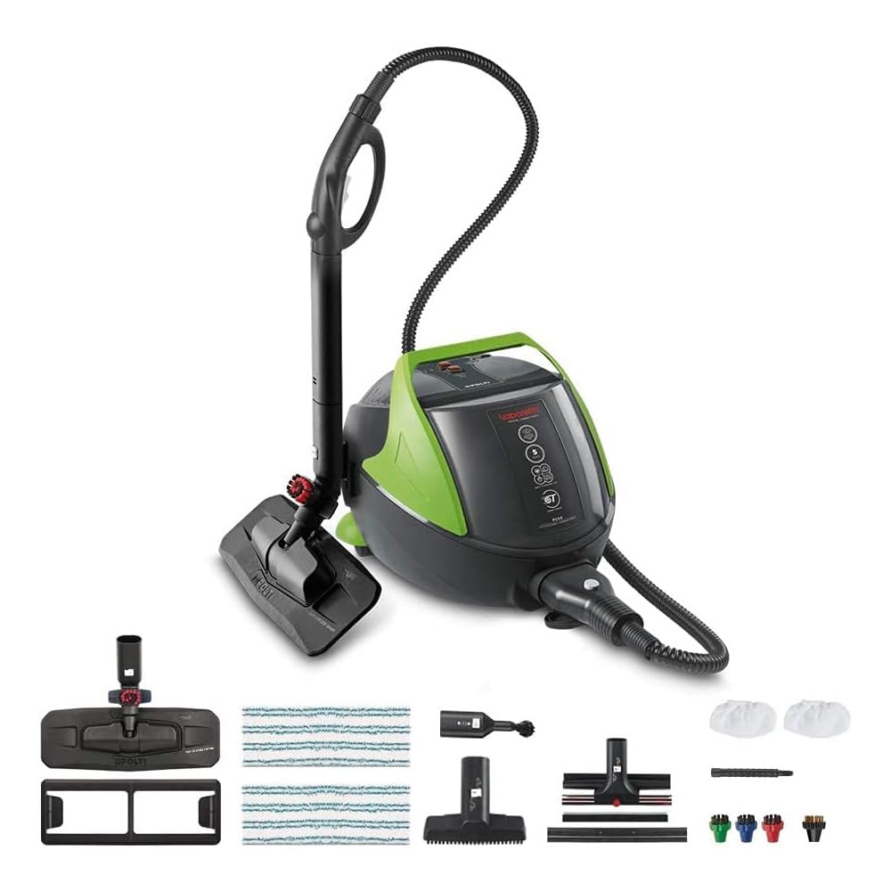 Polti Vaporetto Pro 95 Turbo Flexi, Pulitore a Vapore con Caldaia, Pressione Max 5 Bar, Potenza 1100 W, Autonomia Illimitata, Made in Italy, Funzione Eco, 14 Accessori Inclusi, Nero e Verde